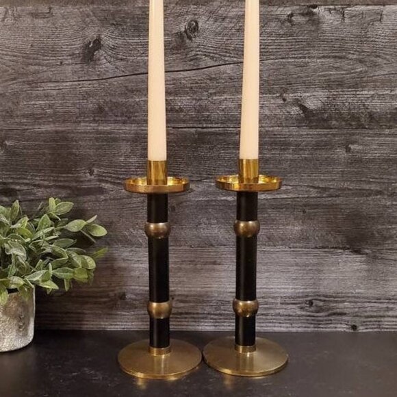 Vintage Matte Black and Brass Tall Candlesticks (1980's) - Picture 2 of 6
